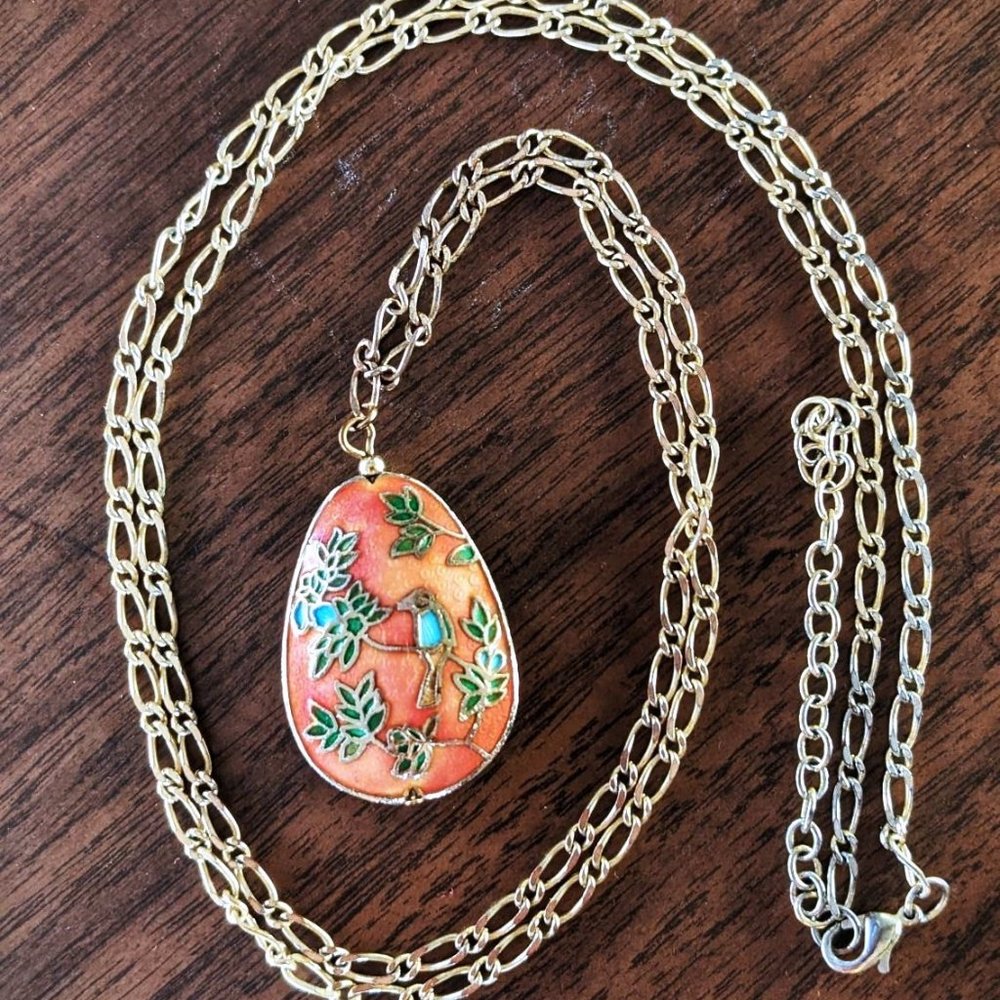 Reversable Pink Metal Gilded Egg Pendant & Chain